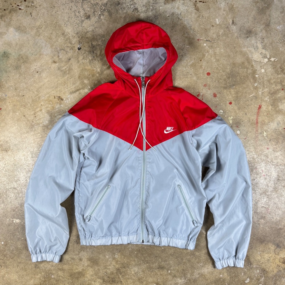 Vintage 1980s‎ Nike Windbreaker Men's Medium Red Gray Hooded Lightweight Jacket